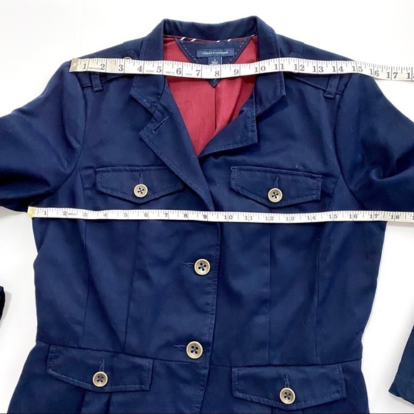 TOMMY HILFIGER Navy Blue Blazer Sz 4 Small Cotton Jacket Coat Military Pocket - Picture 13 of 16